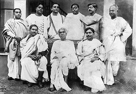 Notable scientists from the University of Calcutta. Seated (L to R): Meghnad Saha, Jagadish Chandra Bose, Jnan Chandra Ghosh. Standing (L to R): Snehamoy Dutt, Satyendranath Bose, Debendra Mohan Bose, NR Sen, Jnanendra Nath Mukherjee, N C Nag