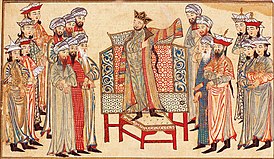 Махмуд Газневи получает богато украшенные почётные одежды от халифа аль-Кадира в 1000 г. Миниатюра из Джами ат-таварих Рашид ад-Дина. Библиотека Эдинбургского университета.
