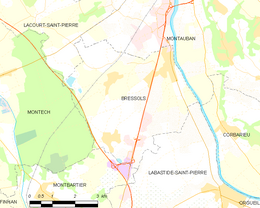 Carte de la commune de Bressols et de ses proches communes.