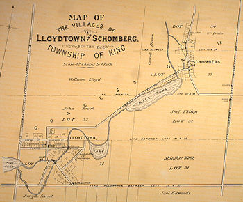 A map from 1878 showing lots 30–34 in King Township, including the communities of Schomberg and Lloydtown