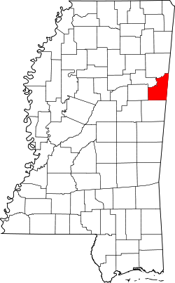 Map of Lowndes County within Mississippi