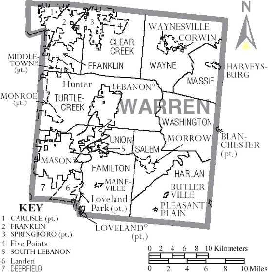 Map of Warren County, Ohio with municipal and township labels