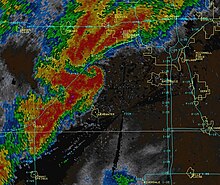 Radar image of a supercell thunderstorm to the southwest of Wichita, Kansas at 3:32 p.m. CDT (2032 UTC) that spawned an EF2 tornado. May 19, 2013 SW Wichita supercell.jpg