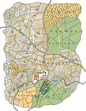 Um mapa pintado de tinta e cor, mostrando uma vila medieval arquetípica no centro com numerosos campos divididos em faixas que se irradiam pela vista.