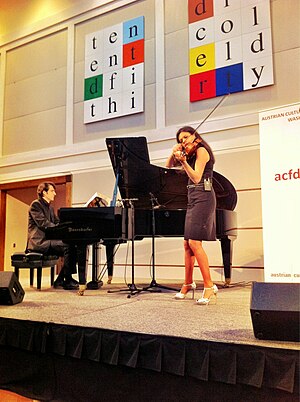 Michael Kahr and Barbara Helfgott perform at the "From Mozart to Michael Jackson" event at the Austrian Embassy in Washington