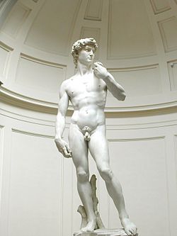 David, oleh Michelangelo, 1501–04. Bahu pada gambar itu dilihat di sudut satu arah, pinggul di arah yang lain.