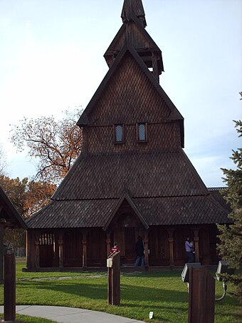 Replica of Norwegian stave church at the Hjemkomst Center