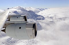 left wing with CFM56s over Antartica
