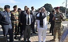 Indian PM Modi with the NSA Doval, the Army Chief Dalbir Singh Suhag and the Air Force Chief Arup Raha at Pathankot Airbase. Narendra Modi being given a presentation on counter-terrorist and combing operation by the Defence Forces, at Pathankot Airbase. The National Security Adviser, Shri Ajit Doval, the Chief of Army Staff.jpg