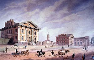 Toronto Jail (left), 1835, with fence around the exercise yard. North side of King Street from Toronto to Church Streets.jpg