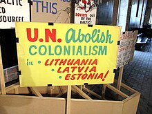 A protest sign from the second half of the 20th century calling on U.N. to abolish Soviet colonialism in the Baltic states. Nyet, nyet, Soviet (11).jpg