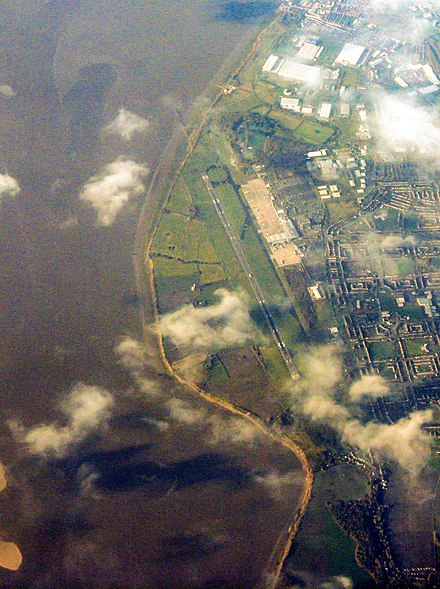 An aerial view of Oglet (land to the left of Liverpool Airport runway).