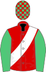 Red, white sash, emerald green sleeves, emerald green and red check cap