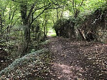 The end of Roan's Dyke Path, next to which the body of Jones was found. When a search party was sent out to find Jones, Mitchell led the party straight to a gap in the wall on the right of the image, and after climbing over said he had found her body. The ease in which he found the body was later used at court to suggest guilt. Path, Newbattle (geograph 7613040).jpg