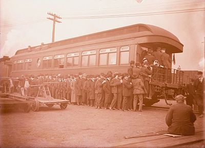 View of men in line at the pay car of the Pittsburgh and Lake Erie Railroad Company Pay car Pittsburgh and Lake Erie Railroad Company.JPG