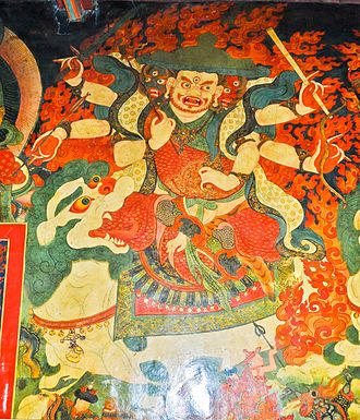 Mural of Pehar in the assembly hall of Nechung Monastery. Pehar.jpg