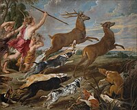 Diana and Nymphs hunting deer label QS:Len,"Diana and Nymphs hunting deer" 1635-1640