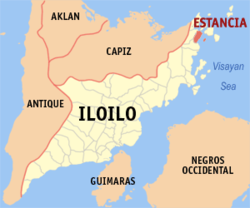 Mapa ng Iloilo na nagpapakita sa lokasyon ng Estancia.
