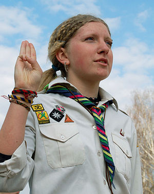 Ukrainian Girl Scout from Plast making the Scout Sign
