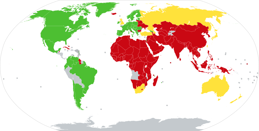 World map of Pornography laws: .mw-parser-output .legend{page-break-inside:avoid;break-inside:avoid-column}.mw-parser-output .legend-color{display:inline-block;min-width:1.25em;height:1.25em;line-height:1.25;margin:1px 0;text-align:center;border:1px solid black;background-color:transparent;color:black}.mw-parser-output .legend-text{}  Generally legal with certain extreme exceptions and ban on child pornography   Partially legal, under some broad restrictions, or ambiguous status   Illegal   Data unavailable