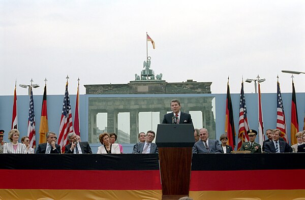 President Reagan speaking in front of the Brandenburg Gate giving the "Tear down this wall!" speech in 1987