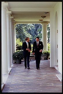 Nickles with President Ronald Reagan in 1986 President Ronald Reagan walking and talking with republican senator Donald Nickles of Oklahoma.jpg