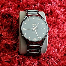 A Rado watch lebeled "SWISS MADE" to indicate it is made in Switzerland. Rado True Automatic Diamonds.jpg