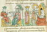 동로마 제국의 콘스탄티노폴리스에서 기독교 세례를 받는 올가 대공비를 묘사한 《라지비우 연대기》의 삽화