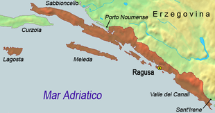 Mappa della Repubblica di Ragusa, dove si parlava la lingua dalmatica nella sua versione meridionale, idioma di cui sono giunte solo memorie, dato che si estinse nel Cinquecento