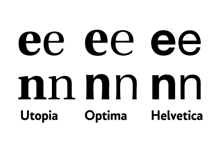 Bold and regular versions of three common fonts. Helvetica has a monoline design and all strokes increase in weight in bold; less monoline fonts like Optima and Utopia increase the weight of the thicker strokes more. In all three designs, the curve on 'n' thins as it joins the left-hand vertical.