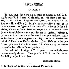 A section in the Diario Oficial del Ministerio de la Guerra
(1890) discussing rewards to the Guardia Civil
responsible for the death of Elofre, here referred to as Dios Bohane
(sic) Rewards for the death of Ponciano Elofre.jpg