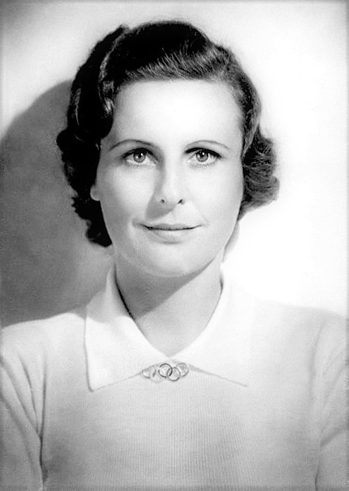 Riefenstahl in a 1930s postcard honoring her for the propaganda film Olympia