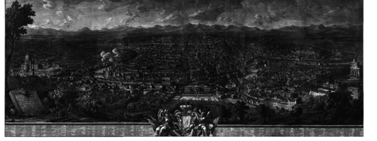 Giuseppe Vasi's Prospetto dell'alma citta di Roma visto dal Monte Gianicolo, a famous large etching (1765) of the view (click for lighter, expanded image). Rom-view-klein-ganz.png