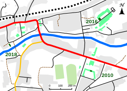 Carte du centre-ville, où les bâtiments desservis par les chaufferies bois apparaissent en vert.