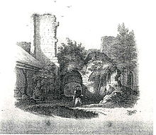 1849: Inner courtyard of the Rudelsburg with the first Rudelsburg innkeeper Gottlieb "Samiel" Wagner, to the left in the picture is the provisional straw roof that existed until 1853 Rudelsburg 1849.jpg