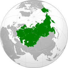 Russian Empire (green) as of 1866, at the time of the maximum territorial expansion of the empire Russian Empire (1867).svg