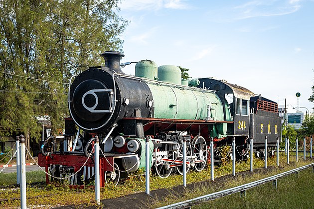 SRT (former RSR) No. 244 steam engine (Baldwin 4-6-2) preserved nearby Hat Yai Junction railway station.
