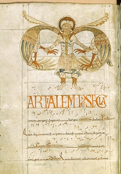 Troparium (called as such because the tropes of the chant are written down) of St. Michael, who is depicted fighting fantastic birds, 11th century Saint-martial.jpg