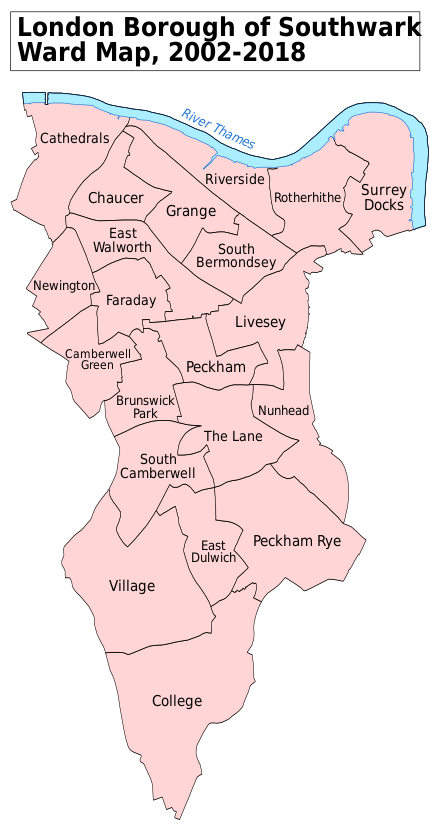 A map showing the wards of Southwark 2002 - 2018