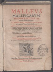 Page de titre du traité de démonologie nommé Malleus Maleficarum présentant le dieu Hermès en gravure.