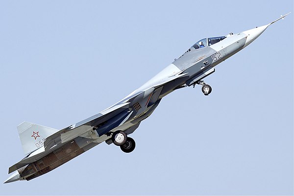 Su-57 prototype climbing after takeoff, 2011