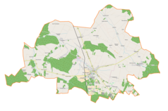 Mapa konturowa gminy Szadek, blisko centrum na lewo u góry znajduje się punkt z opisem „Prusinowice”