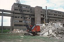 The Bransholme Maisonettes being demolished in 1987. These were of a shared design with the Leek Street Flats in Leeds. Tower Block UK photo n23-14.jpg