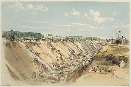 Lithograph entitled Tring Cutting by John C. Bourne (1839) illustrating the excavation near Tring for the London and Birmingham Railway