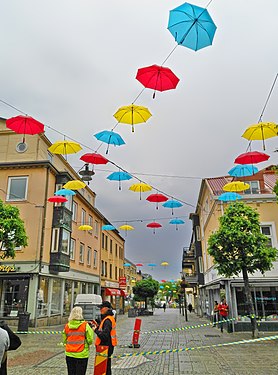 Vänersborg, Sweden, May 2018, with umbrellas decorated downtown