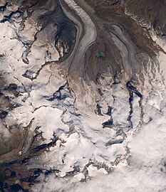 Monte Rosa mountain massif with highest Swiss mountain Dufourspitze, a view from ISS