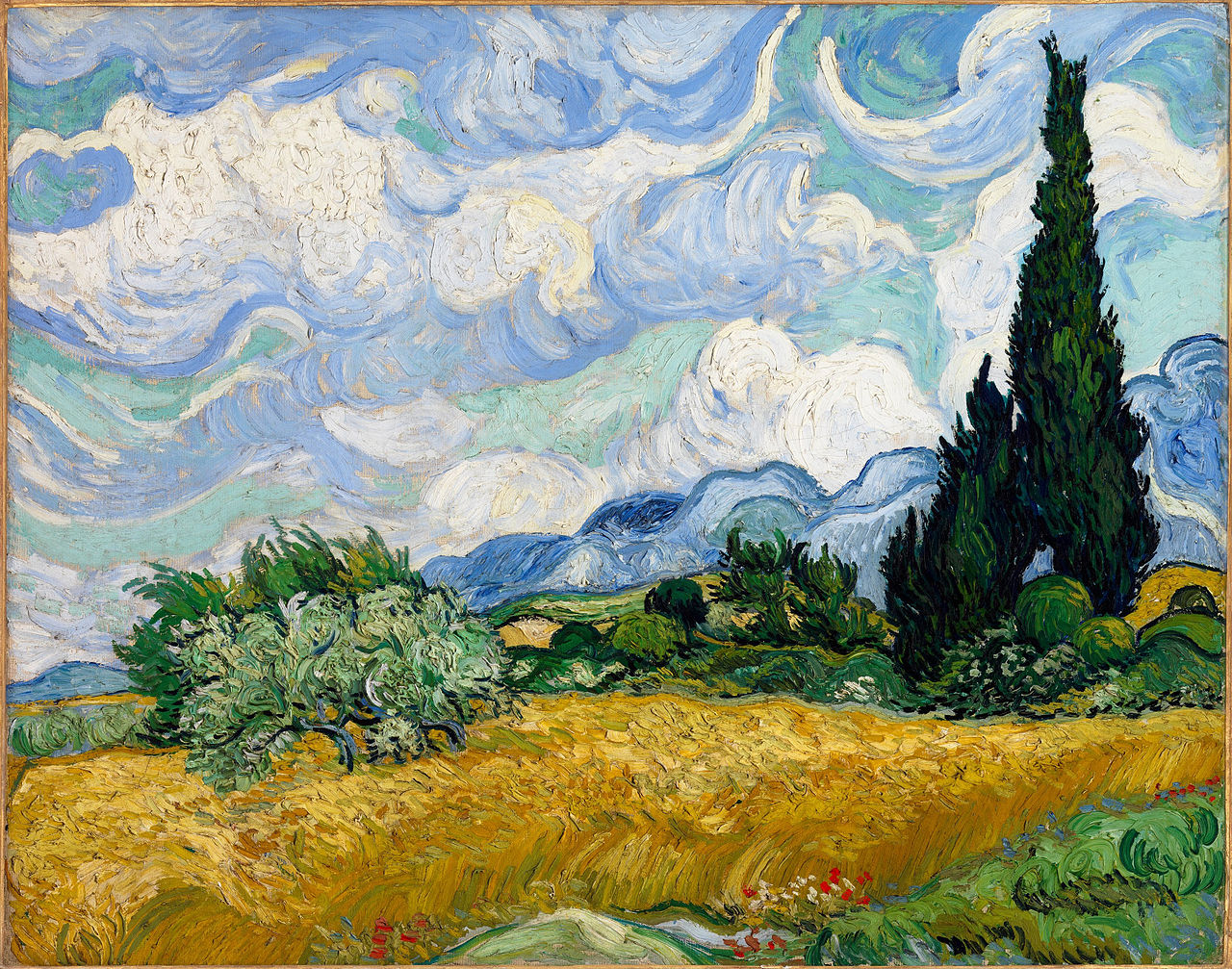 A painting of two large cypress trees under a bright afternoon sky, next to a wheat field in a landscape of hills, bushes, flowers and trees
