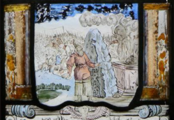 Samuel offers God a sacrifice and erects a large stone at the battle site as the Israelites slaughter the Philistines in the background, as depicted in an 18th-century stained-glass window (Pena Palace, Portugal). Vitral com representacao de Samuel e a batalha entre Israelitas e Filisteus (1728), Palacio da Pena (cropped).png