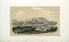 Chariot tiré par deux bœufs devant le château fort de Lourdes en 1843, par Eugène de Malbos.