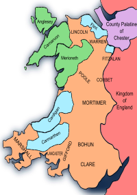 Wales after 1284. Marcher Lordship of Denbigh marked by Lincoln
.mw-parser-output .legend{page-break-inside:avoid;break-inside:avoid-column}.mw-parser-output .legend-color{display:inline-block;min-width:1.25em;height:1.25em;line-height:1.25;margin:1px 0;text-align:center;border:1px solid black;background-color:transparent;color:black}.mw-parser-output .legend-text{}
Crown lands, formerly Gwynedd.
Other Crown lands
Marcher lordships Wales after the Statute of Rhuddlan 1284.svg